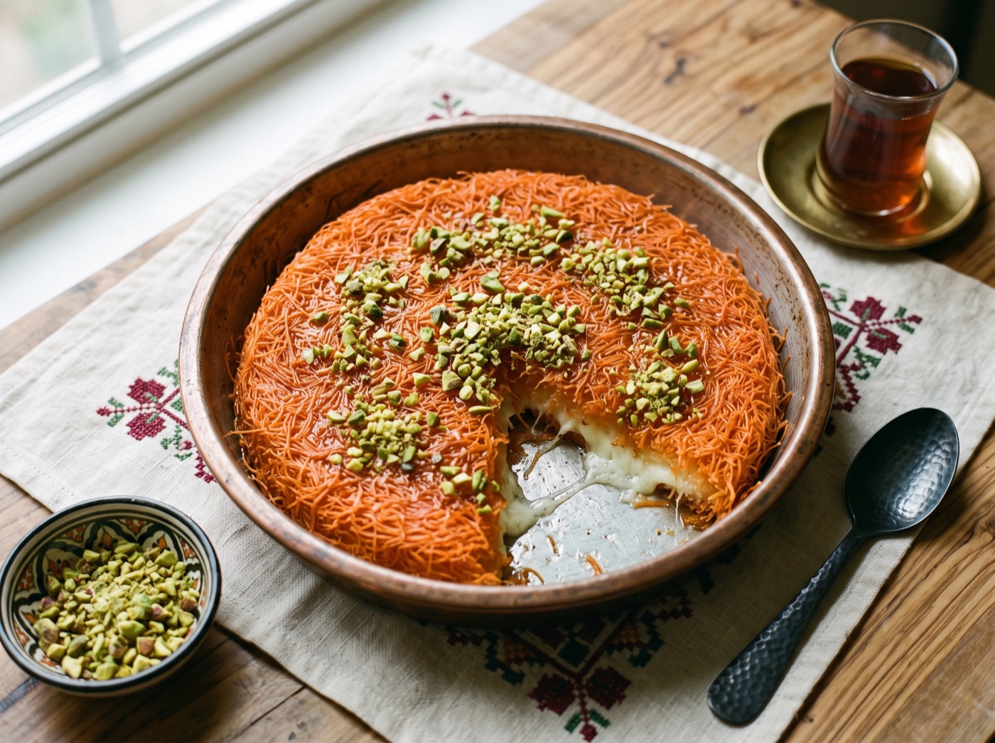Knafeh Nabulsiyeh, Sweet Cheese Pastry Soaked in Fragrant Syrup