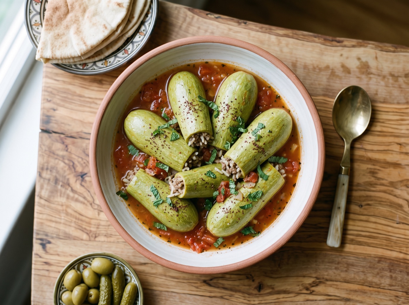 Kousa Mahshi, Stuffed Zucchini in Garlicky Tomato Broth