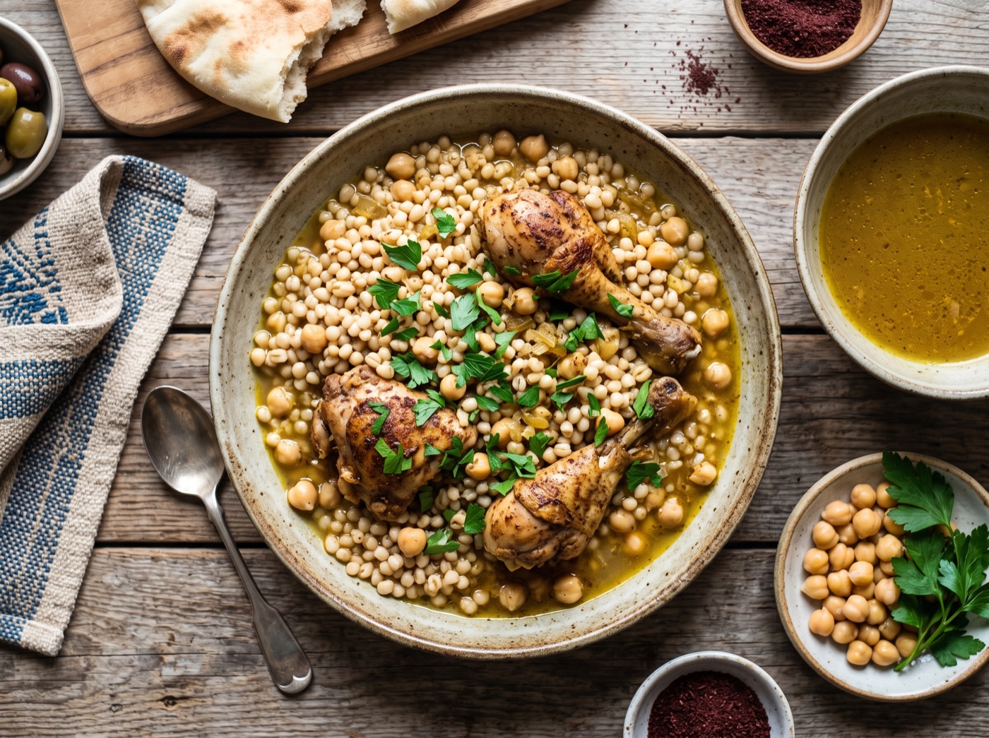 Maftoul, Palestinian Couscous with Chicken and Chickpeas