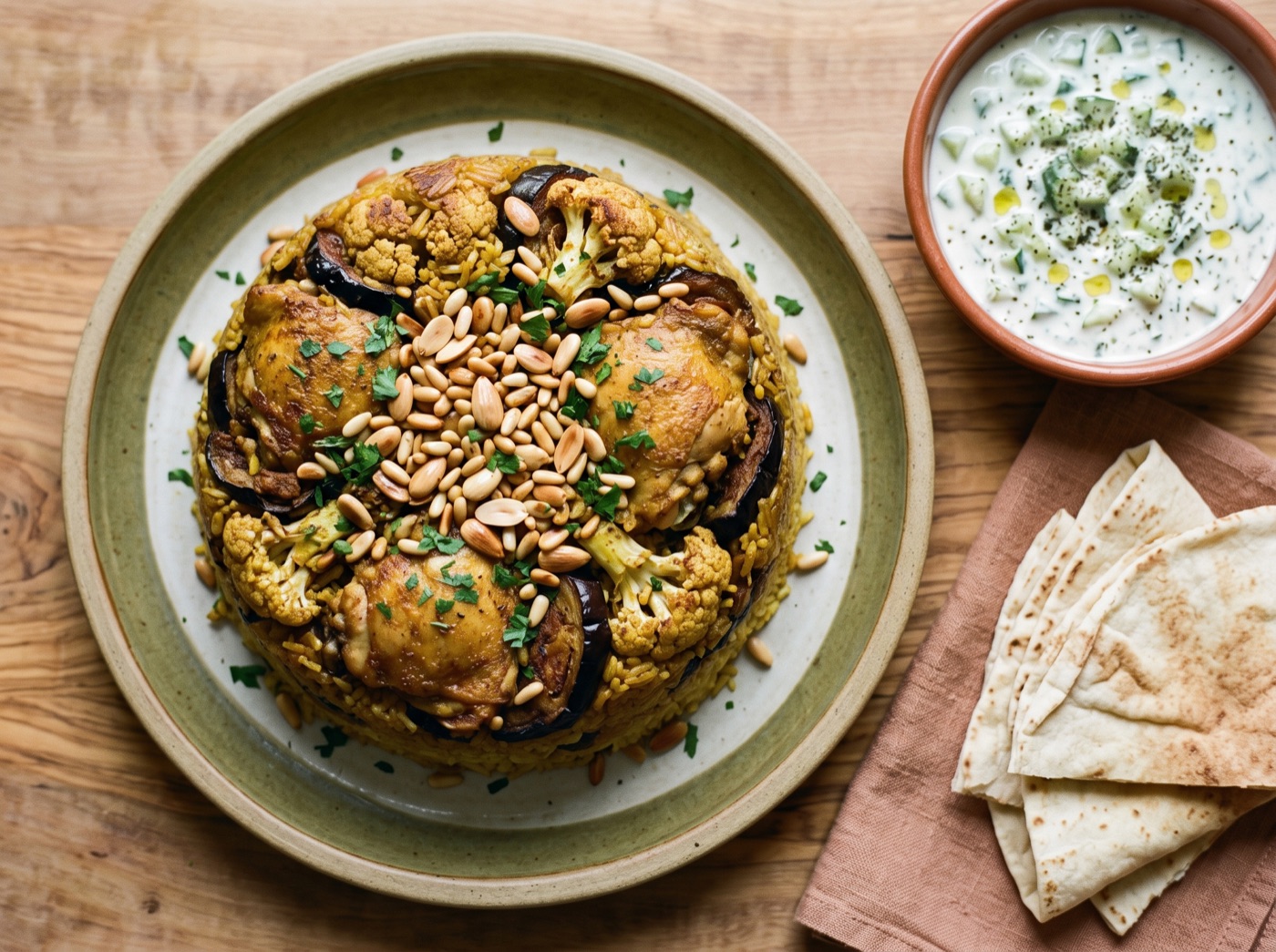 Maqluba, Upside-Down Rice with Chicken and Fried Vegetables