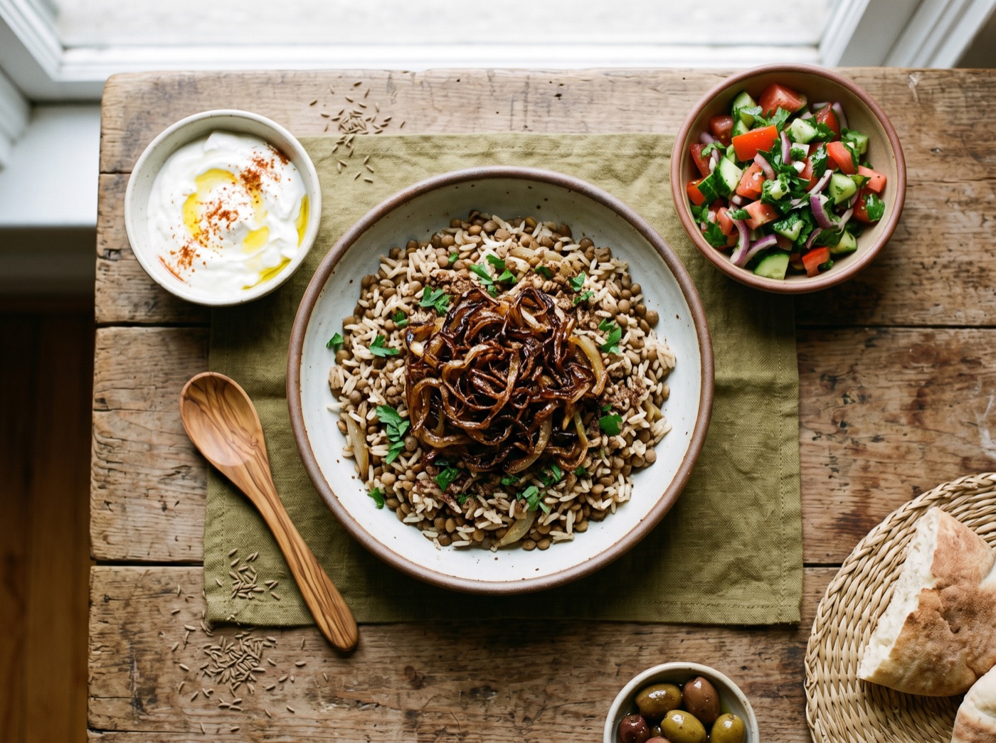Mujaddara, Lentils and Rice with Caramelized Onions