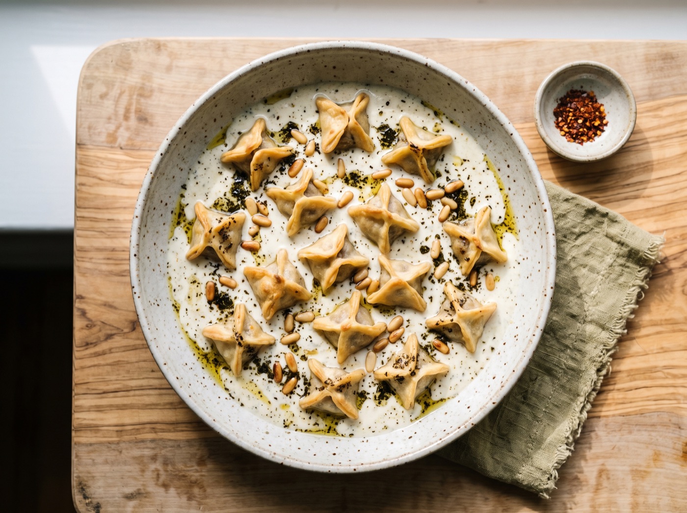 Shish Barak, Meat Dumplings Simmered in Warm Garlicky Yogurt