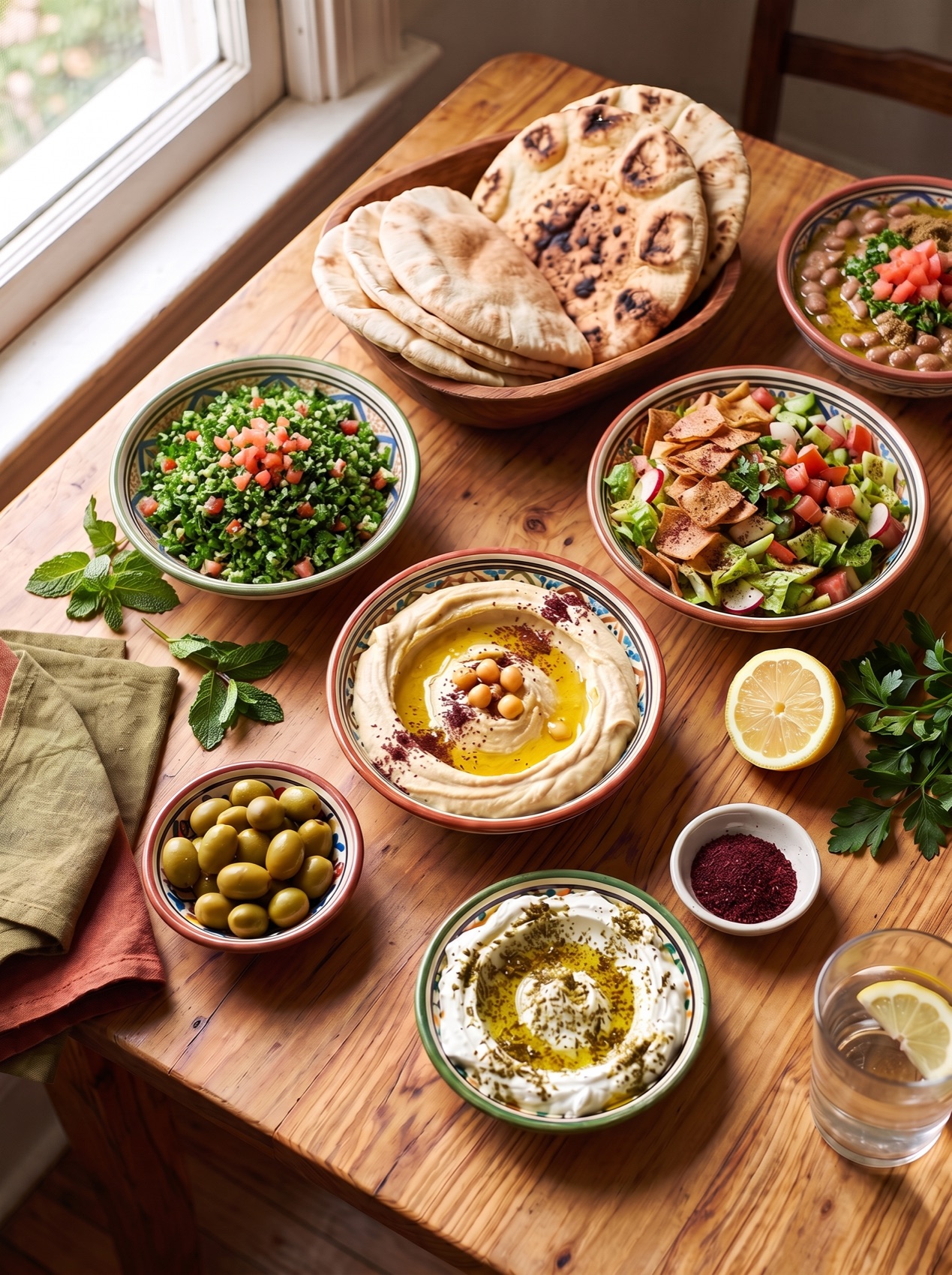 A Palestinian mezze spread with hummus, tabbouleh, labneh, olives and warm bread