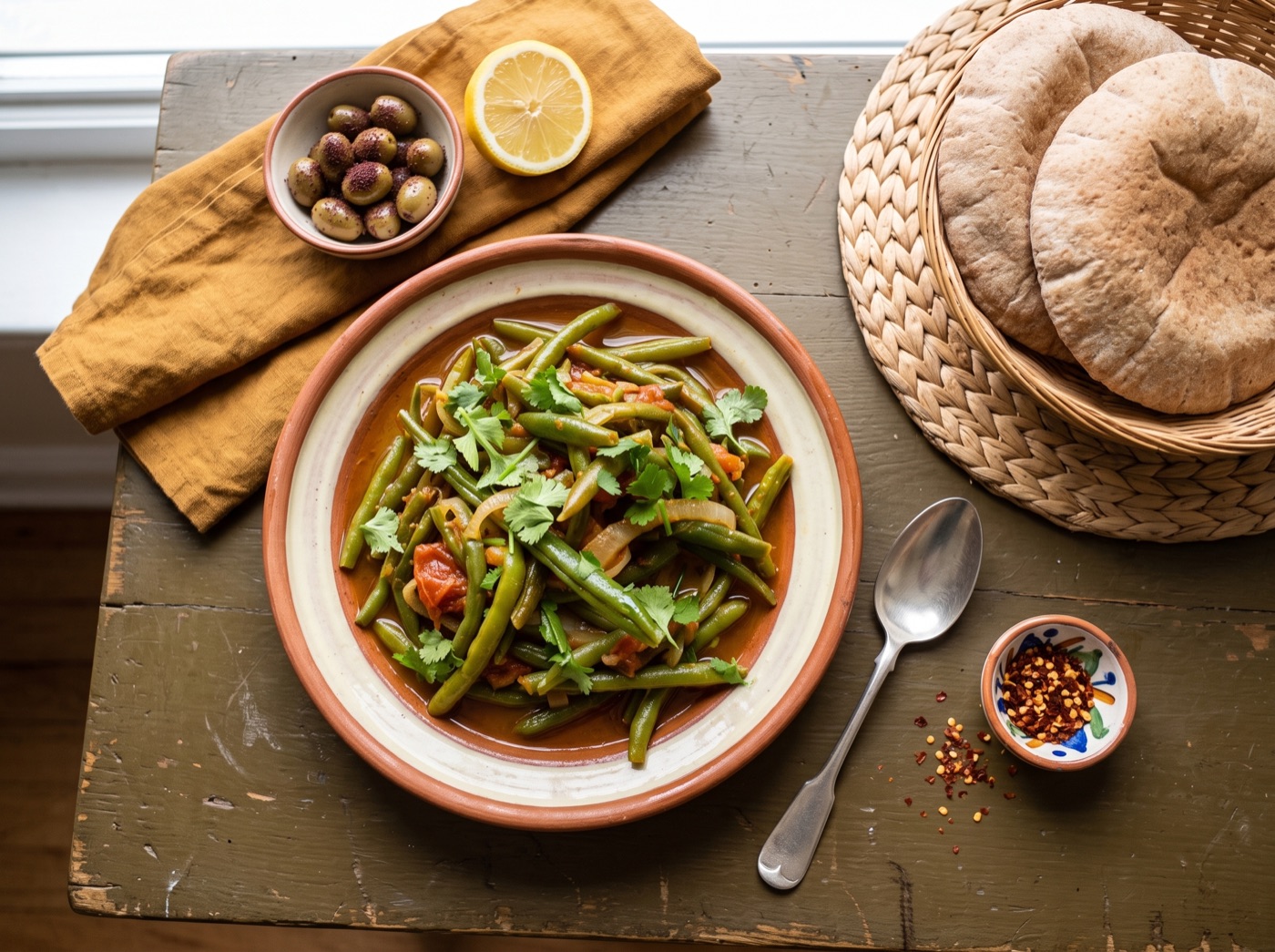 Fasoolya Khadra Bi'Zeyt, Green Beans Braised in Olive Oil