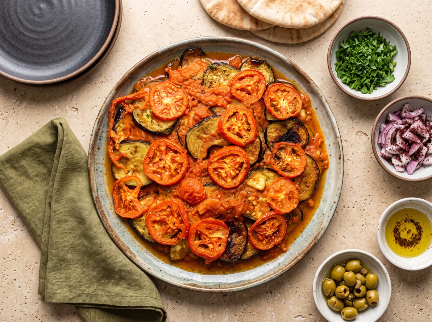 Musa'akaa, Layered Fried Eggplant in Tomato Sauce